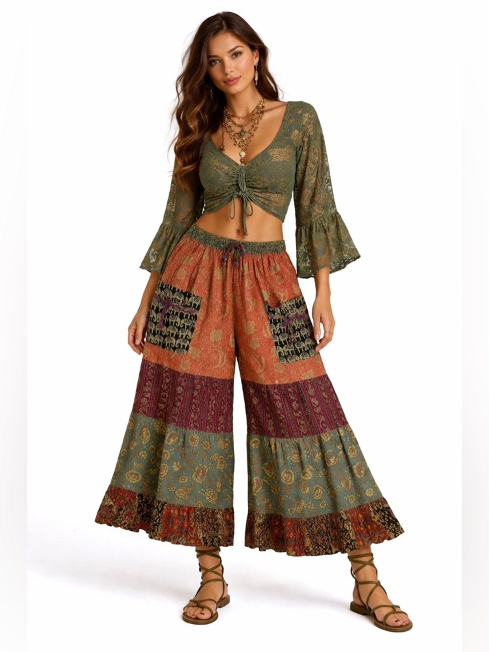 Hippie Forever Handmade Tiered Patchwork Palazzo Women SZ OS Enchanted Fairycore